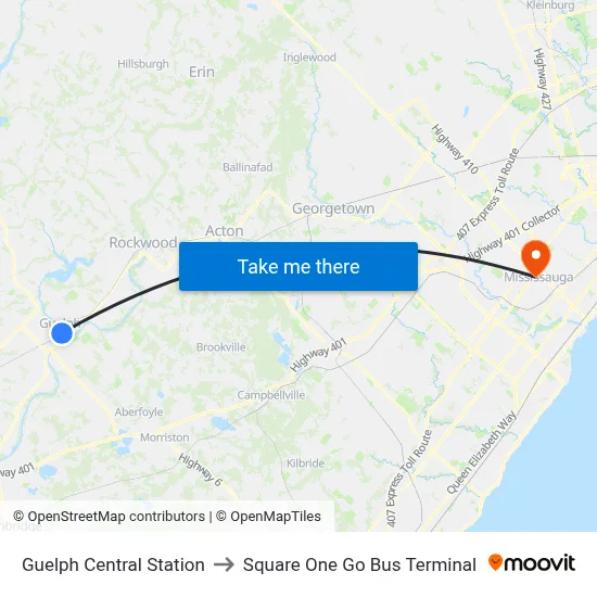 Guelph Central Station to Square One Go Bus Terminal map