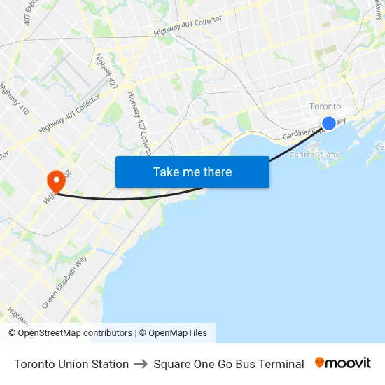 Toronto Union Station to Square One Go Bus Terminal map