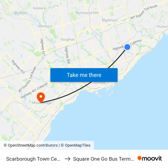 Scarborough Town Centre to Square One Go Bus Terminal map