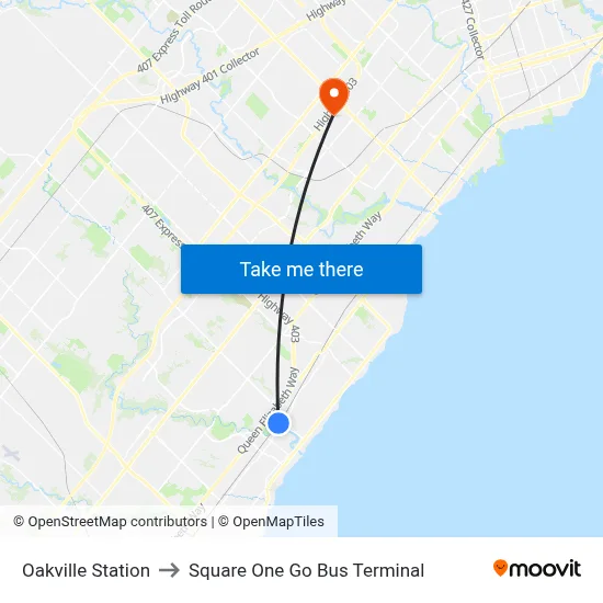 Oakville Station to Square One Go Bus Terminal map