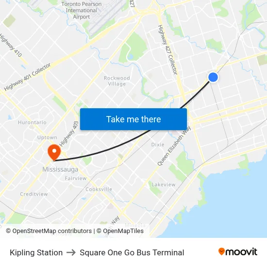 Kipling Station to Square One Go Bus Terminal map