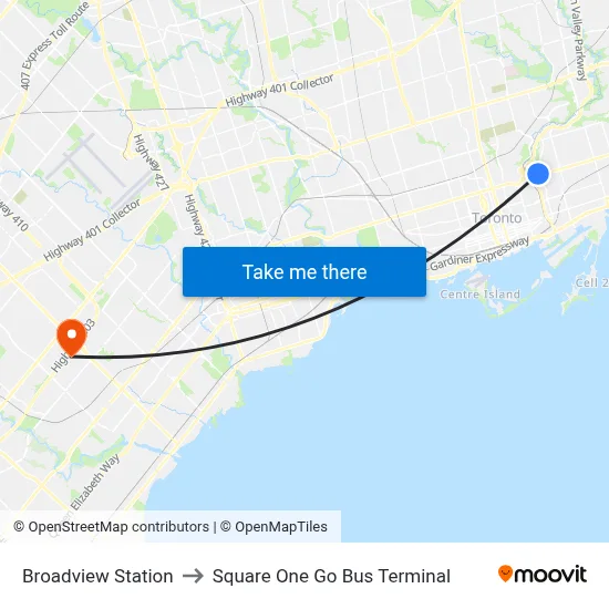 Broadview Station to Square One Go Bus Terminal map