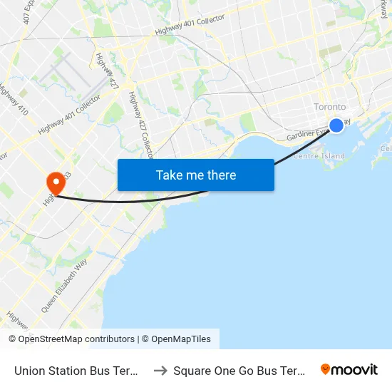 Union Station Bus Terminal to Square One Go Bus Terminal map