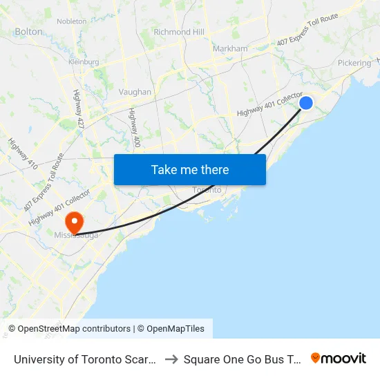 University of Toronto Scarborough to Square One Go Bus Terminal map