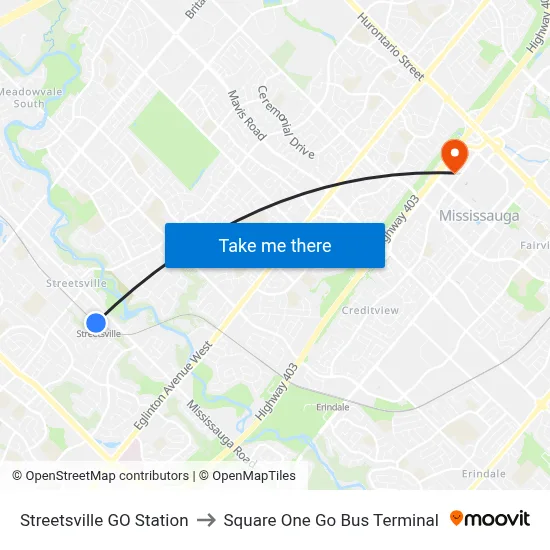 Streetsville GO Station to Square One Go Bus Terminal map
