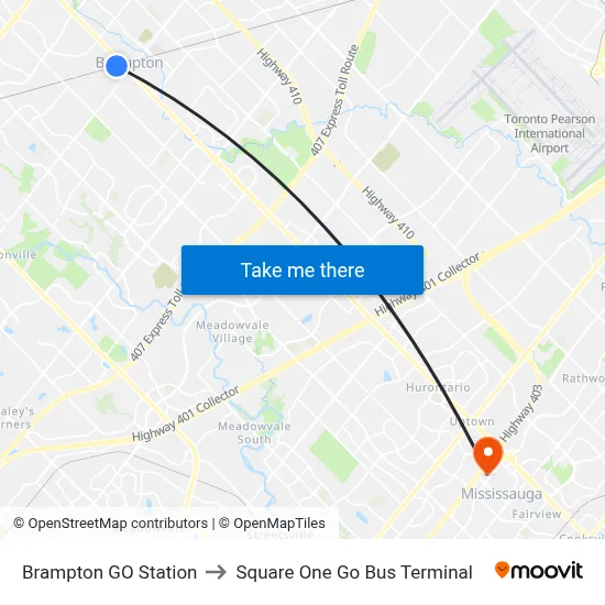 Brampton GO Station to Square One Go Bus Terminal map
