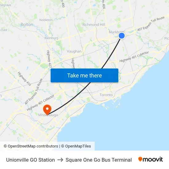 Unionville GO Station to Square One Go Bus Terminal map