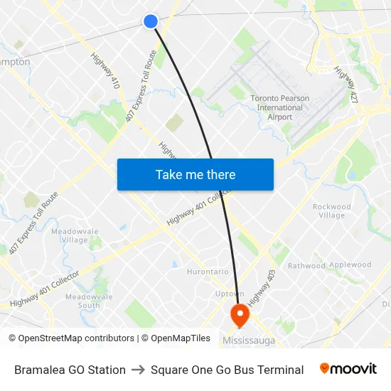 Bramalea GO Station to Square One Go Bus Terminal map