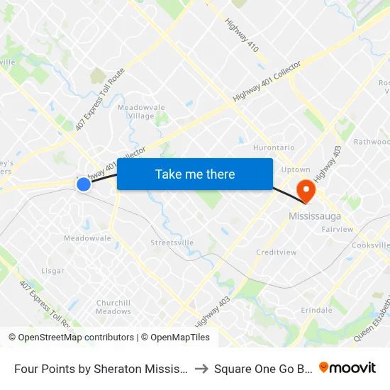 Four Points by Sheraton Mississauga Meadowvale to Square One Go Bus Terminal map