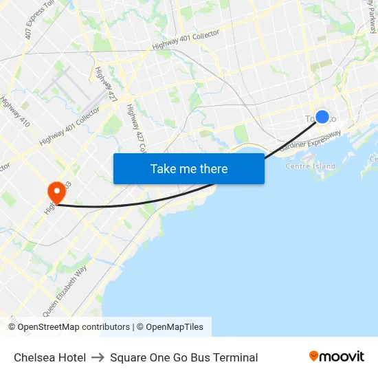 Chelsea Hotel to Square One Go Bus Terminal map