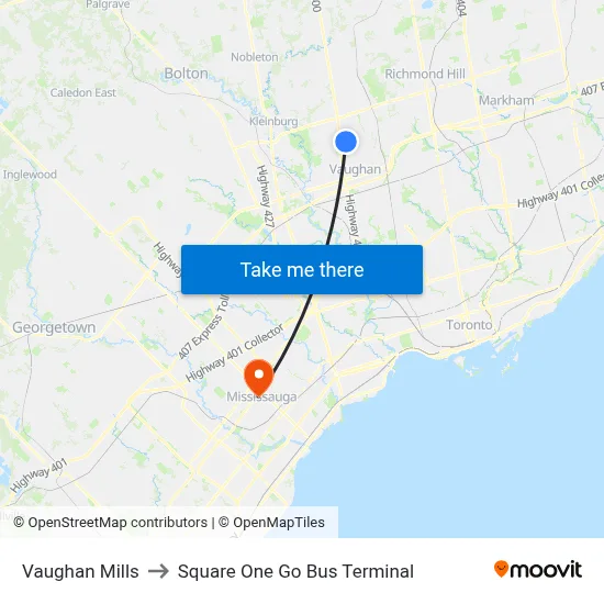 Vaughan Mills to Square One Go Bus Terminal map