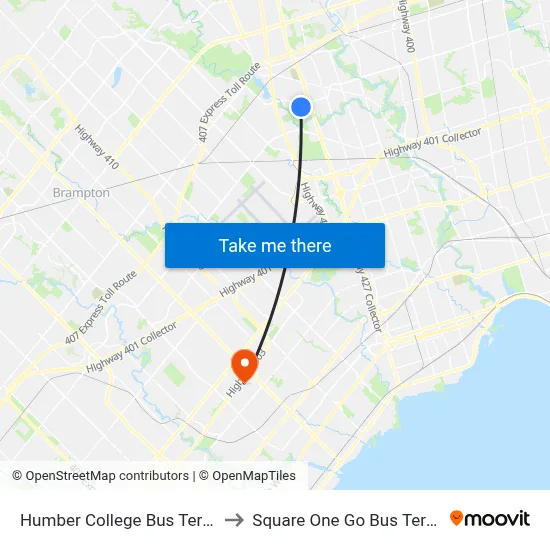 Humber College Bus Terminal to Square One Go Bus Terminal map
