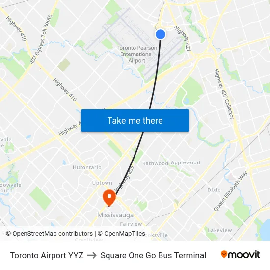 Toronto Airport YYZ to Square One Go Bus Terminal map