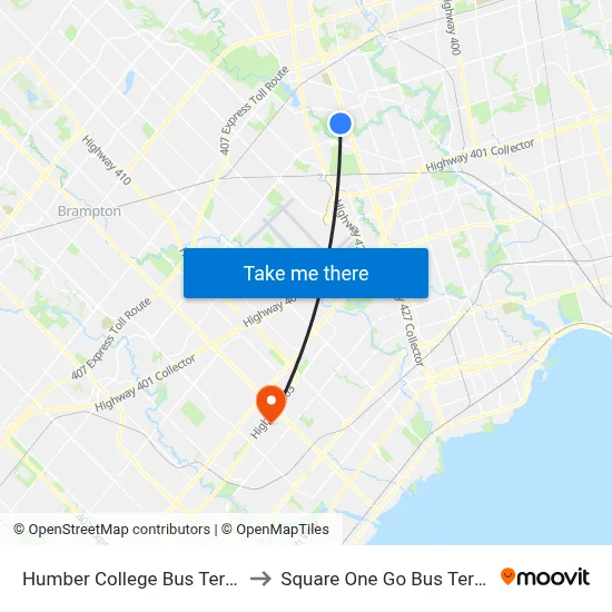 Humber College Bus Terminal to Square One Go Bus Terminal map