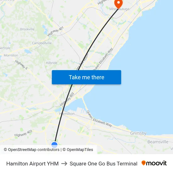 Hamilton Airport YHM to Square One Go Bus Terminal map