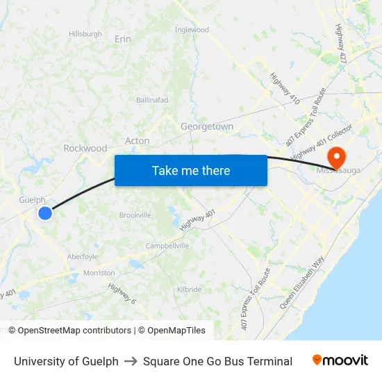 University of Guelph to Square One Go Bus Terminal map
