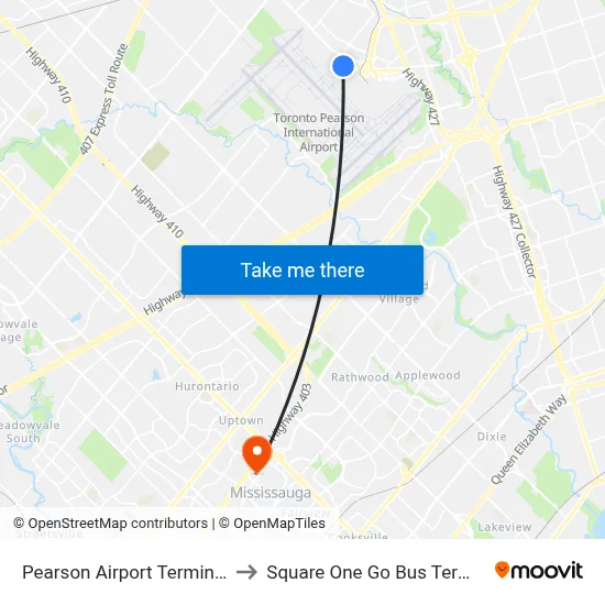 Pearson Airport Terminal 3 to Square One Go Bus Terminal map