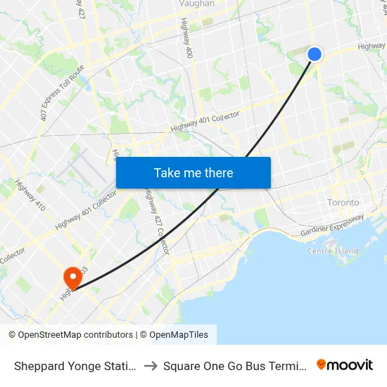Sheppard Yonge Station to Square One Go Bus Terminal map