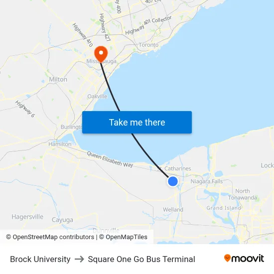 Brock University to Square One Go Bus Terminal map