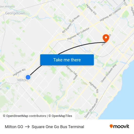 Milton GO to Square One Go Bus Terminal map