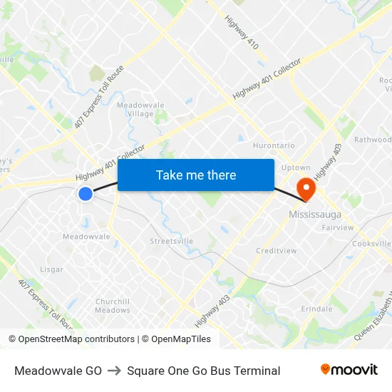 Meadowvale GO to Square One Go Bus Terminal map