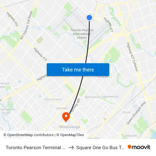 Toronto Pearson Terminal 3 Station to Square One Go Bus Terminal map