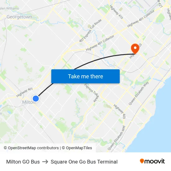Milton GO Bus to Square One Go Bus Terminal map