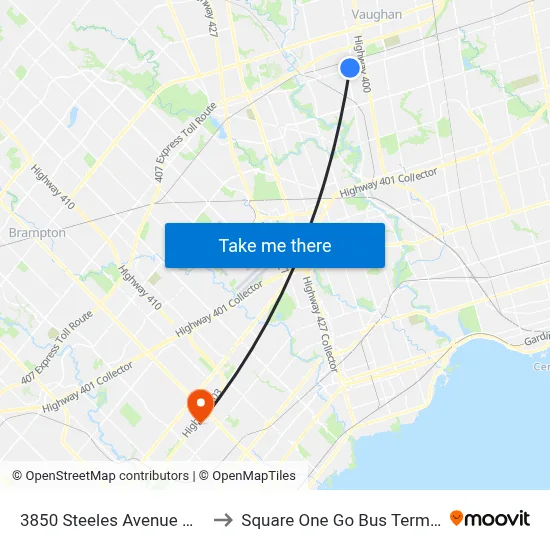 3850 Steeles Avenue West to Square One Go Bus Terminal map