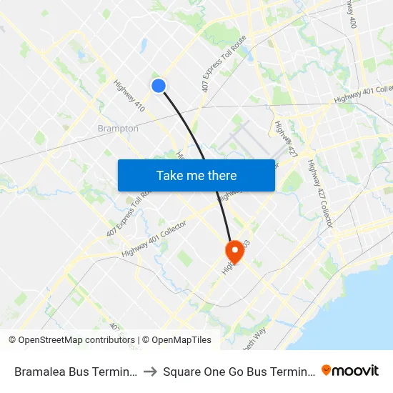 Bramalea Bus Terminal to Square One Go Bus Terminal map