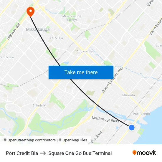 Port Credit Bia to Square One Go Bus Terminal map