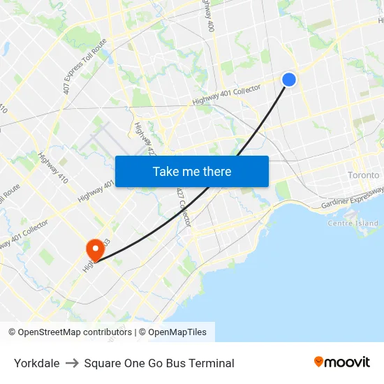 Yorkdale to Square One Go Bus Terminal map