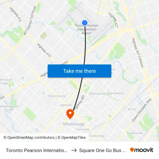 Toronto Pearson International Airport to Square One Go Bus Terminal map