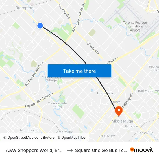 A&W Shoppers World, Brampton to Square One Go Bus Terminal map