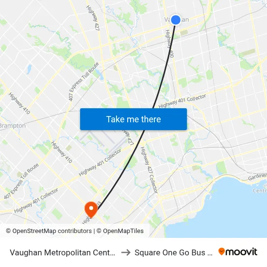 Vaughan Metropolitan Centre (Station) to Square One Go Bus Terminal map