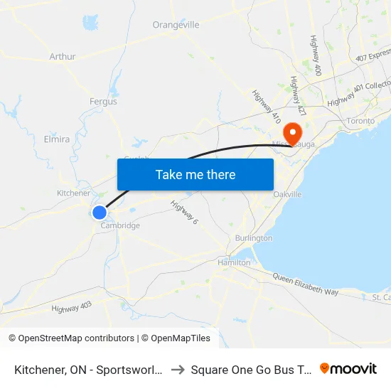 Kitchener, ON - Sportsworld Station to Square One Go Bus Terminal map