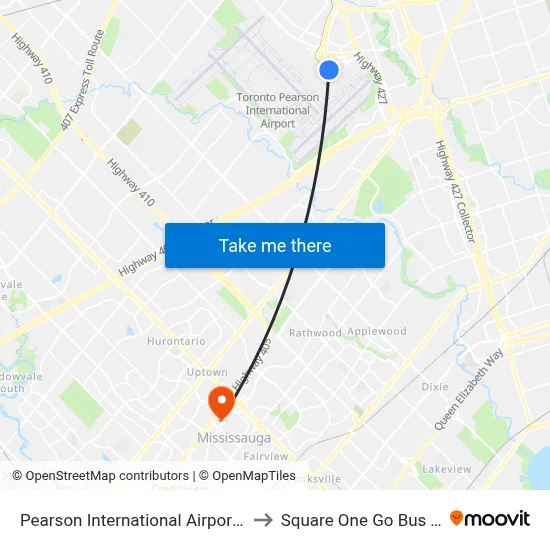 Pearson International Airport Terminal 1 to Square One Go Bus Terminal map