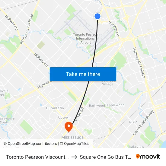 Toronto Pearson Viscount Station to Square One Go Bus Terminal map