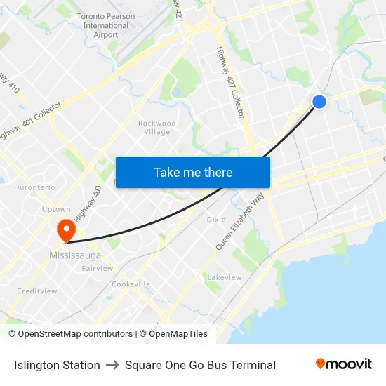 Islington Station to Square One Go Bus Terminal map