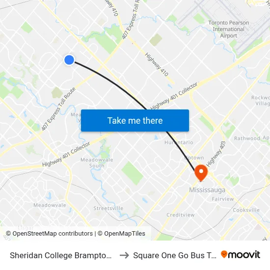 Sheridan College Brampton Campus to Square One Go Bus Terminal map