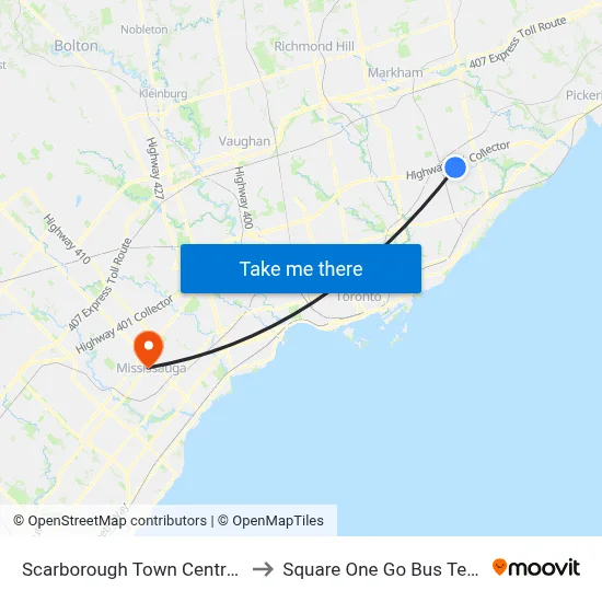 Scarborough Town Centre-West to Square One Go Bus Terminal map