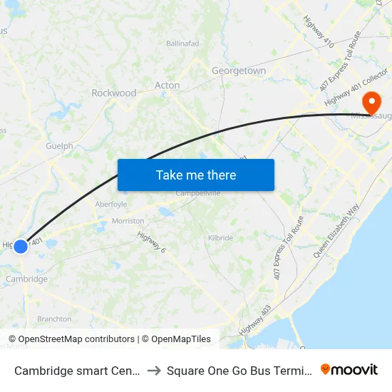 Cambridge smart Centre to Square One Go Bus Terminal map