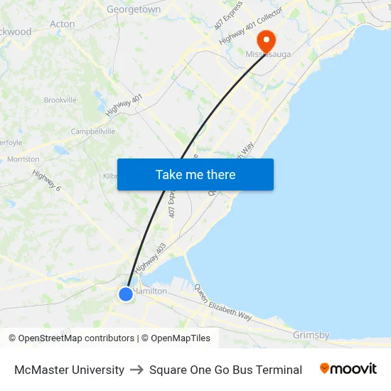 McMaster University, 1280 Main St W to Square One Go Bus Terminal map