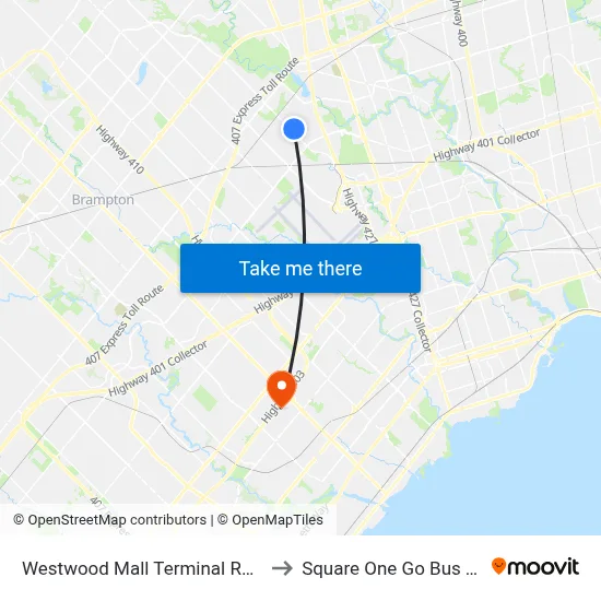 Westwood Mall Terminal Route 5 Stop to Square One Go Bus Terminal map