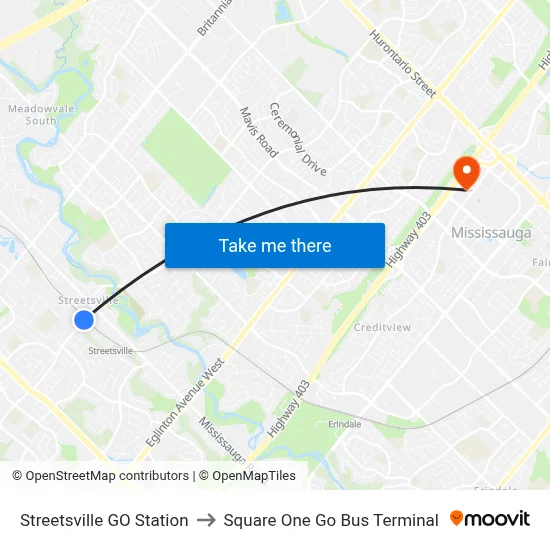 Streetsville GO Station to Square One Go Bus Terminal map