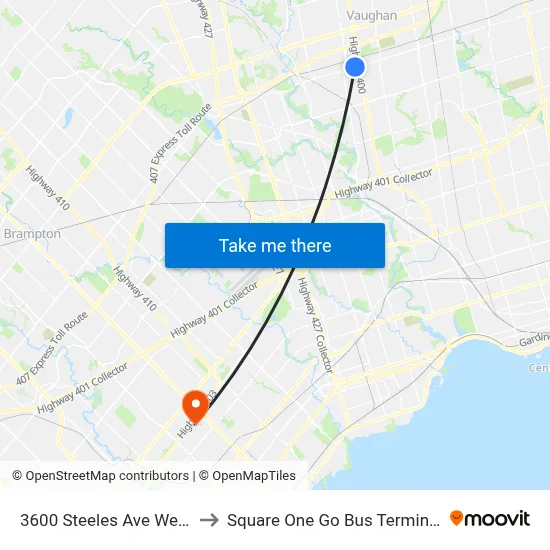 3600 Steeles Ave West to Square One Go Bus Terminal map