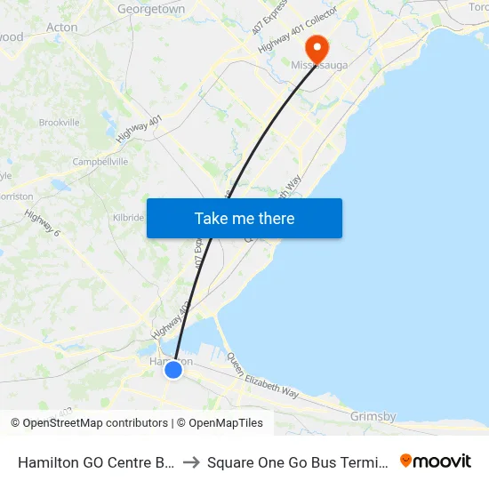 Hamilton GO Centre Bus to Square One Go Bus Terminal map