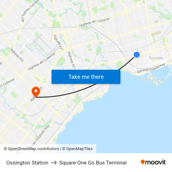 Ossington Station to Square One Go Bus Terminal map