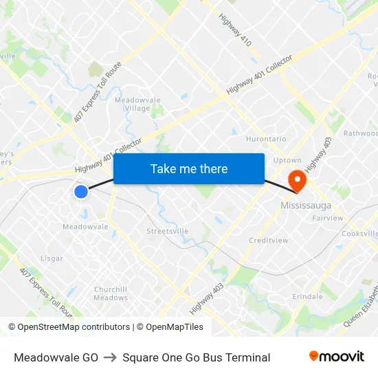 Meadowvale GO to Square One Go Bus Terminal map