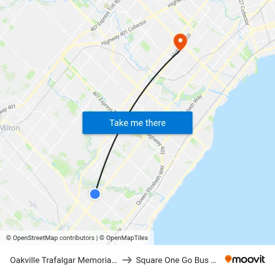 Oakville Trafalgar Memorial Hospital to Square One Go Bus Terminal map