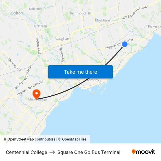 Centennial College to Square One Go Bus Terminal map